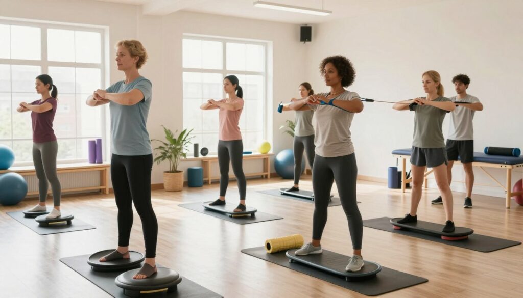 A bright and airy rehabilitation room focused on recovery after Achilles tendon surgery. In the foreground, a diverse group of individuals, dressed in professional attire or modest casual clothing, engage in various rehab exercises using resistance bands and balance boards. The middle ground showcases rehabilitation equipment such as exercise mats and foam rollers, creating a functional and supportive environment. The background features large windows that allow natural light to flood the space, adding warmth and positivity. The atmosphere is encouraging and motivating, with soft, diffused lighting to highlight the determination and teamwork of the patients. The angle captures the dynamic nature of rehabilitation, emphasizing movement and support without any text or distractions.