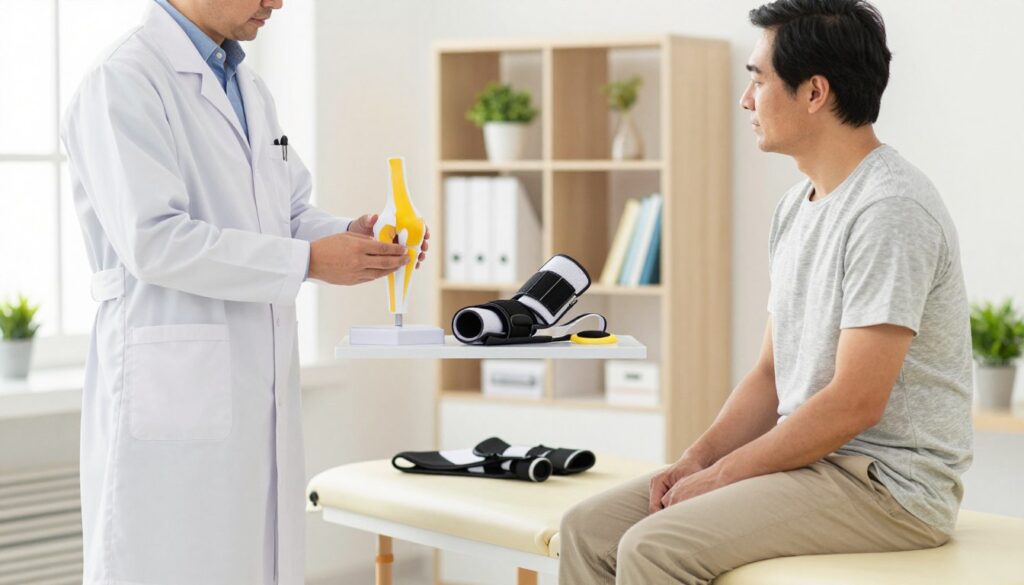 A clear illustration of knee treatment in a clinical setting. In the foreground, a healthcare professional, dressed in a white lab coat and holding a knee model, is explaining the treatment options to a patient seated on an examination table, who is wearing comfortable, modest clothing. The middle layer features a detailed image of anatomical knee models and various treatment tools like physiotherapy equipment and braces. In the background, a well-lit medical office with soft, warm lighting creates a welcoming atmosphere, incorporating shelves with medical books and plants to enhance the professional environment. The scene encapsulates a sense of understanding and care, focusing on the importance of conservative treatment before considering surgery. A clear illustration of knee treatment in a clinical setting. In the foreground, a healthcare professional, dressed in a white lab coat and holding a knee model, is explaining the treatment options to a patient seated on an examination table, who is wearing comfortable, modest clothing. The middle layer features a detailed image of anatomical knee models and various treatment tools like physiotherapy equipment and braces. In the background, a well-lit medical office with soft, warm lighting creates a welcoming atmosphere, incorporating shelves with medical books and plants to enhance the professional environment. The scene encapsulates a sense of understanding and care, focusing on the importance of conservative treatment before considering surgery.