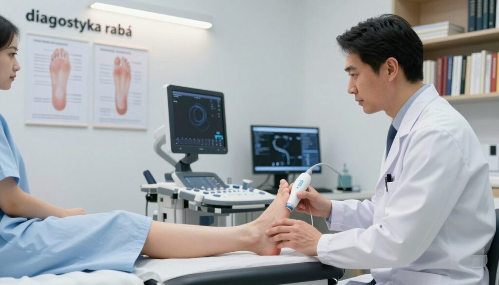 A clinical setting showcasing "diagnostyka badań" related to foot pain. In the foreground, a doctor in a white coat examines a patient's foot on an examination table, using a high-tech diagnostic tool, such as an ultrasound or digital imaging device, focused on the heel area. The middle ground features charts on the wall detailing common foot ailments and diagnostic methods, illuminated by soft, bright overhead lights. The background reveals shelves filled with medical books and a computer displaying diagnostic software. The atmosphere conveys professionalism and diligence, with a sense of hope as the doctor interacts attentively with the patient, who is wearing a modest hospital gown. The overall color palette is crisp and clinical, enhancing the focus on the diagnostic process.