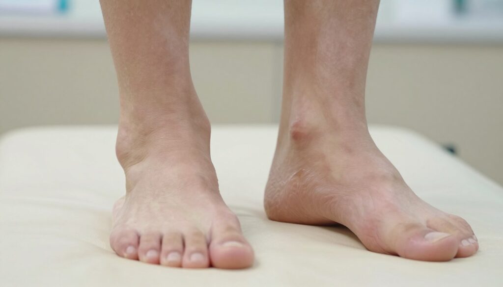 A close-up and detailed illustration of both transverse flatfoot (płaskostopie poprzeczne) and longitudinal flatfoot (płaskostopie podłużne) in a professional context. In the foreground, show two feet side by side, one exhibiting transverse flatfoot and the other longitudinal flatfoot, clearly highlighting the differences in arch and foot structure. Use a neutral, clinical background that emphasizes the feet, such as a light-colored medical examination table. Soft, even lighting to create a clear view of the foot anatomy without shadows. The angle should be slightly above, focusing directly on the arches and the medial edge of each foot. The mood should be informative and educational, suitable for a healthcare setting. No text, overlays, or human figures; the focus is entirely on the feet and their structural differences. A close-up and detailed illustration of both transverse flatfoot (płaskostopie poprzeczne) and longitudinal flatfoot (płaskostopie podłużne) in a professional context. In the foreground, show two feet side by side, one exhibiting transverse flatfoot and the other longitudinal flatfoot, clearly highlighting the differences in arch and foot structure. Use a neutral, clinical background that emphasizes the feet, such as a light-colored medical examination table. Soft, even lighting to create a clear view of the foot anatomy without shadows. The angle should be slightly above, focusing directly on the arches and the medial edge of each foot. The mood should be informative and educational, suitable for a healthcare setting. No text, overlays, or human figures; the focus is entirely on the feet and their structural differences.