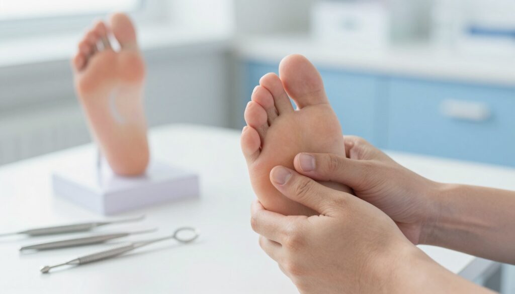 A close-up depiction of a foot being examined for first aid concerning a painful big toe, with professional medical tools gently placed nearby. The foreground features a focused view of a person's hand gently pressing the foot in a careful, supportive manner. In the middle, an anatomical model of the foot showcases the big toe, emphasizing its structure. The background includes a softly lit medical environment, suggesting a calm and safe atmosphere, with shades of white and blue, enhancing the feeling of professionalism. Natural light floods the scene, highlighting the textures of the skin and the medical tools, creating a reassuring and informative mood appropriate for understanding pain relief techniques.
