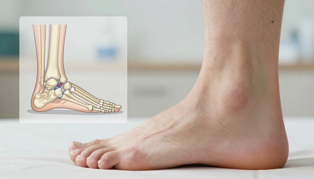 A close-up illustration of cross flatfoot (transverse flatfoot) showing the unique foot shape. The foreground features a well-defined foot with prominent arch collapse, highlighting the condition. In the middle, include a medical diagram overlay that emphasizes the bone structure and alignment of the foot, showcasing how transverse flatfoot affects posture and walking. The background should be a softly blurred clinical setting with neutral tones, evoking a medical atmosphere. Natural lighting should illuminate the foot, enhancing textures and contours, while using a slight depth of field to separate the subject from the background. The overall mood is informative and professional, suitable for a health-related article.
