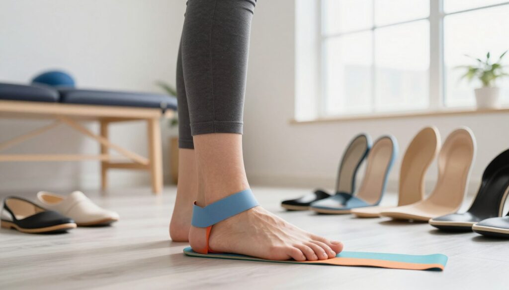 A close-up image of a foot in a professional setting, showcasing various foot exercises aimed at correcting flatfoot. The foreground features a person in modest, professional attire, demonstrating a specific stretching exercise using colorful resistance bands. In the middle ground, an array of supportive insoles and orthotic devices are displayed, highlighting options for footwear adjustments. The background includes a bright, airy therapy room with soft natural light filtering through large windows, creating a warm and inviting atmosphere. The overall mood is encouraging and inspiring, symbolizing hope and progress in addressing flatfoot issues. A close-up image of a foot in a professional setting, showcasing various foot exercises aimed at correcting flatfoot. The foreground features a person in modest, professional attire, demonstrating a specific stretching exercise using colorful resistance bands. In the middle ground, an array of supportive insoles and orthotic devices are displayed, highlighting options for footwear adjustments. The background includes a bright, airy therapy room with soft natural light filtering through large windows, creating a warm and inviting atmosphere. The overall mood is encouraging and inspiring, symbolizing hope and progress in addressing flatfoot issues.