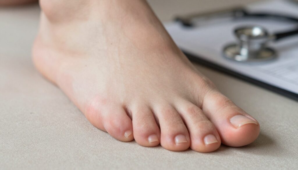 A close-up image of a foot with a focus on the big toe, showcasing signs of potential health issues. The foot is placed on a textured, neutral-colored surface to emphasize its details. The nail is slightly discolored, and the surrounding skin shows a subtle redness, indicating possible inflammation. Natural soft lighting illuminates the foot, creating gentle shadows that enhance the contours and texture of the skin. In the background, a faint, blurred depiction of medical tools like a stethoscope and a chart can be seen, reinforcing the health theme without overpowering the main subject. The overall mood is calm and informative, designed to convey a sense of awareness and self-examination in a professional context.