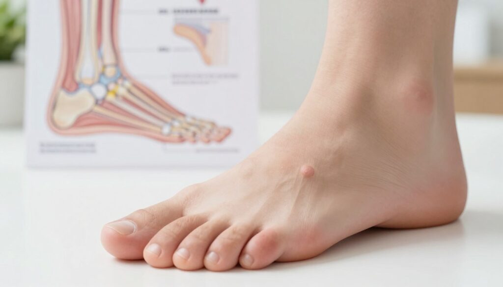 A close-up image of a human foot, focusing on the big toe to illustrate the causes of joint movement blockage and pain. The foreground features a detailed, well-lit view of the toe, showcasing common issues like swelling, bunions, and pressure points, with a slight emphasis on joint articulation. In the middle ground, a soft-focus view of medical diagrams or anatomical illustrations of the foot can be subtly integrated, enhancing the educational aspect. The background is softly blurred to maintain focus on the foot, with natural lighting to create a clinical atmosphere. The overall mood is informative and professional, ideal for a medical article discussing mobility and pain management.