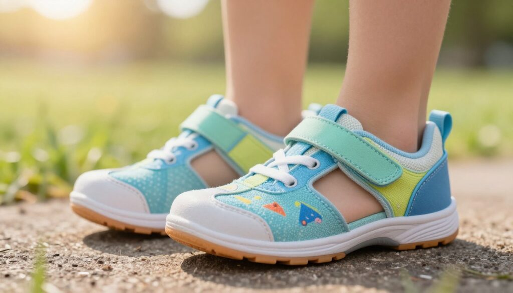 A close-up image of a pair of children's shoes designed for flat feet, displayed prominently in the foreground. The shoes should feature a supportive arch, cushioned soles, and a flexible design, showcasing vibrant colors and playful patterns appealing to children. In the middle ground, highlight a textured surface like grass or wood that conveys a natural setting, suggesting outdoor use. The background should be softly blurred, depicting a warm, inviting environment, perhaps with hints of sunlight filtering through trees, creating a cheerful mood. Use soft, diffused lighting to emphasize the details of the shoes while maintaining a comfortable atmosphere. The angle should be slightly diagonal to enhance depth, focusing on the shoe's supportive features.