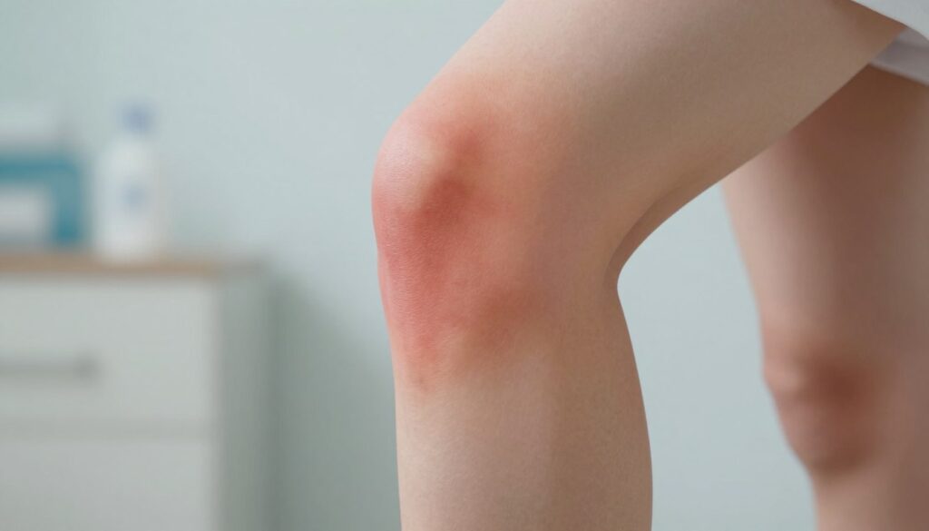 A close-up image of a swollen knee as seen from the front, showcasing a light reddish hue around the joint to indicate inflammation. The knee is partially bent to reveal the swelling clearly, with the skin texture highlighted to exhibit details like slight bruising or a warm glow. In the background, a softly blurred clinical environment is suggested, hinting at a medical examination room, with neutral colors to create a calm atmosphere. Soft, diffused lighting illuminates the knee to emphasize its details while maintaining a professional feel. The angle is slightly above eye-level, focusing on the knee joint, and no text or people are present in the composition. A close-up image of a swollen knee as seen from the front, showcasing a light reddish hue around the joint to indicate inflammation. The knee is partially bent to reveal the swelling clearly, with the skin texture highlighted to exhibit details like slight bruising or a warm glow. In the background, a softly blurred clinical environment is suggested, hinting at a medical examination room, with neutral colors to create a calm atmosphere. Soft, diffused lighting illuminates the knee to emphasize its details while maintaining a professional feel. The angle is slightly above eye-level, focusing on the knee joint, and no text or people are present in the composition.
