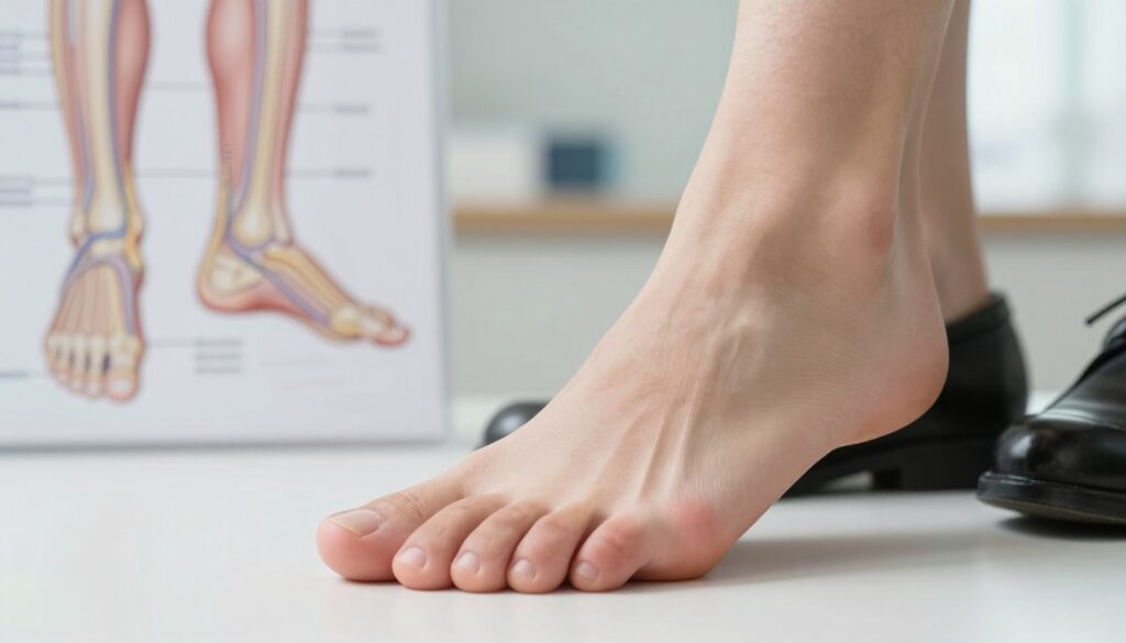 A close-up of a human foot focusing on the second toe, illustrating a condition known as Morton’s neuroma. The foot, clad in a professional black shoe, rests against a medical backdrop, featuring soft, diffused natural lighting to create an inviting atmosphere. The foreground highlights the foot, showcasing slight swelling around the second toe area, while the middle ground subtly includes anatomical diagrams of the foot and nerves to provide context. The background is a blurred medical office setting with neutral tones, enhancing the focus on the subject. The overall mood is clinical yet compassionate, aiming to educate viewers about nerve compression and inflammation in the forefoot area. A close-up of a human foot focusing on the second toe, illustrating a condition known as Morton’s neuroma. The foot, clad in a professional black shoe, rests against a medical backdrop, featuring soft, diffused natural lighting to create an inviting atmosphere. The foreground highlights the foot, showcasing slight swelling around the second toe area, while the middle ground subtly includes anatomical diagrams of the foot and nerves to provide context. The background is a blurred medical office setting with neutral tones, enhancing the focus on the subject. The overall mood is clinical yet compassionate, aiming to educate viewers about nerve compression and inflammation in the forefoot area.