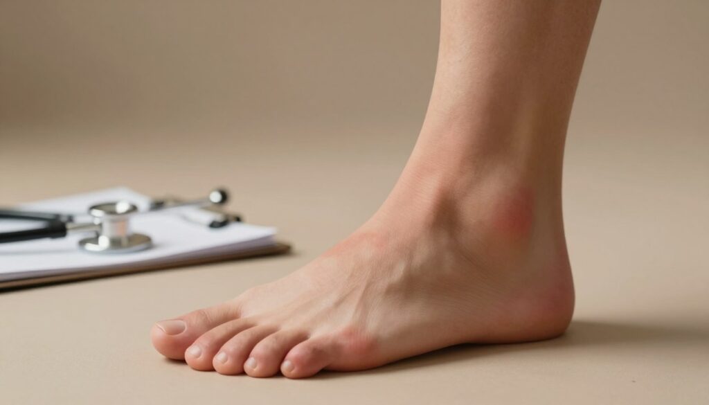 A close-up of a human foot, showcasing the underside with visible discomfort and signs of pain, such as subtle redness or inflammation. The foot should be positioned in a neutral stance on a soft, neutral-toned background to emphasize detail. The lighting should be warm and soft, creating a calming atmosphere, while casting gentle shadows that highlight the contours of the foot. In the background, slightly blurred medical tools, such as a stethoscope and a notepad, hint at the theme of consultation and care. The overall mood should convey a sense of seriousness yet hope, suitable for a medical context, emphasizing the need for attention to foot health. Ensure the foot is clothed modestly if human subjects are shown, maintaining a professional appearance in the setting.