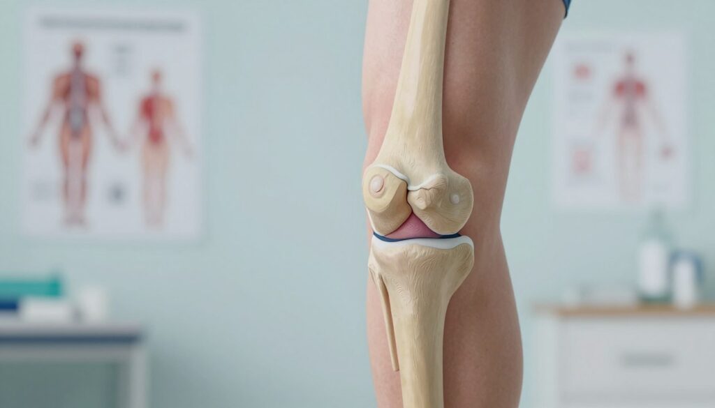 A close-up of a human knee joint, emphasizing the structure and anatomy of the knee to illustrate common causes of knee pain. The foreground features a detailed and anatomically accurate illustration of the knee, with a focus on ligaments and cartilage, showing signs of wear. In the middle ground, a professional healthcare setting with soft, diffused lighting creates a soothing atmosphere. The background includes blurred medical diagrams and charts, adding context without distraction. The image should have a calm and informative mood, suitable for an educational article, captured with a shallow depth of field to focus on the knee while softly blurring the surroundings. The composition should be clear and precise, avoiding any text or annotations. A close-up of a human knee joint, emphasizing the structure and anatomy of the knee to illustrate common causes of knee pain. The foreground features a detailed and anatomically accurate illustration of the knee, with a focus on ligaments and cartilage, showing signs of wear. In the middle ground, a professional healthcare setting with soft, diffused lighting creates a soothing atmosphere. The background includes blurred medical diagrams and charts, adding context without distraction. The image should have a calm and informative mood, suitable for an educational article, captured with a shallow depth of field to focus on the knee while softly blurring the surroundings. The composition should be clear and precise, avoiding any text or annotations.