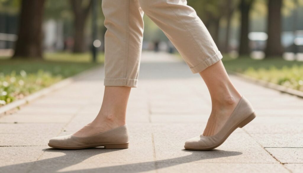 A close-up of a woman walking on a sidewalk, showcasing a side view of her feet striking the ground, emphasizing flat feet (płaskostopie) in motion. The scene focuses on her well-supported shoes designed for flat feet, highlighting their comfort and style. In the foreground, the feet are prominently displayed, showing a slight arch in the shoes. The middle ground includes the woman's legs, dressed in modest casual attire, walking gracefully. The background features a soft-focus urban park setting, with blurred trees and pathways to create depth. The lighting is warm and natural, suggesting a sunny day, enhancing the mood of everyday life and mobility. The overall atmosphere conveys support and elegance.