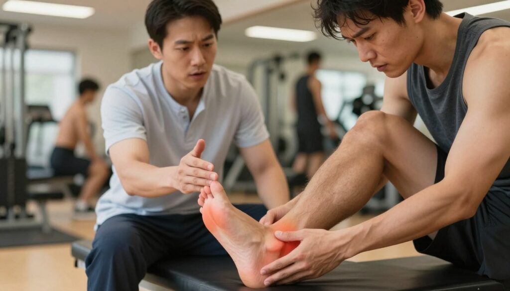 A close-up of an athlete sitting on a bench, focused on the back of their ankle to illustrate the Achilles tendon. The athlete wears modest fitness attire, displaying a concerned yet determined expression. In the foreground, the athlete examines their ankle, while in the middle ground, a physical therapist gestures, giving advice on proper stretching and strengthening techniques to prevent worsening inflammation. In the background, a gym setting is softly illuminated, filled with equipment and a few blurred figures exercising. The lighting is warm and encouraging, conveying a mood of hope and proactive health management. The composition is shot from eye level to emphasize connection and engagement between the athlete and the therapist.