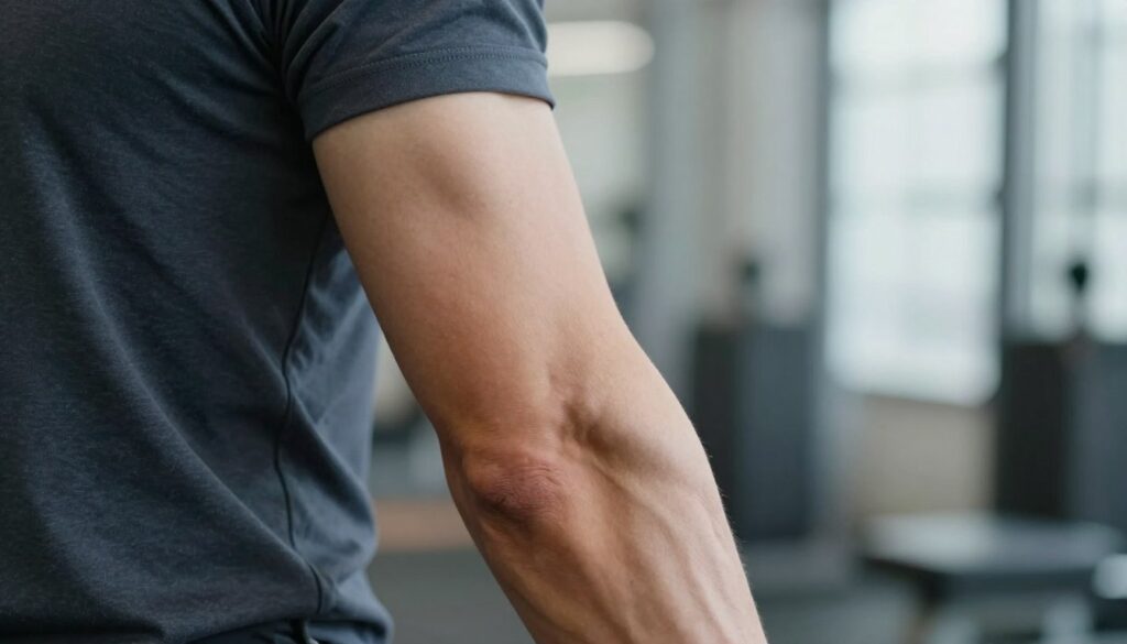 A close-up of an athletic arm showing signs of muscle strain, specifically focusing on the bicep area. The arm is positioned against a backdrop of a gym or sports facility, with equipment subtly visible in the blurred background. The lighting is bright and clinical, highlighting the contours of the muscle while casting soft shadows to enhance the details. The bicep exhibits visible tension and slight swelling, conveying the alarm signals of an injury. The mood is serious and informative, suitable for a medical or educational context. The arm belongs to a person dressed in a fitted sports shirt, ensuring their appearance is professional and modest.