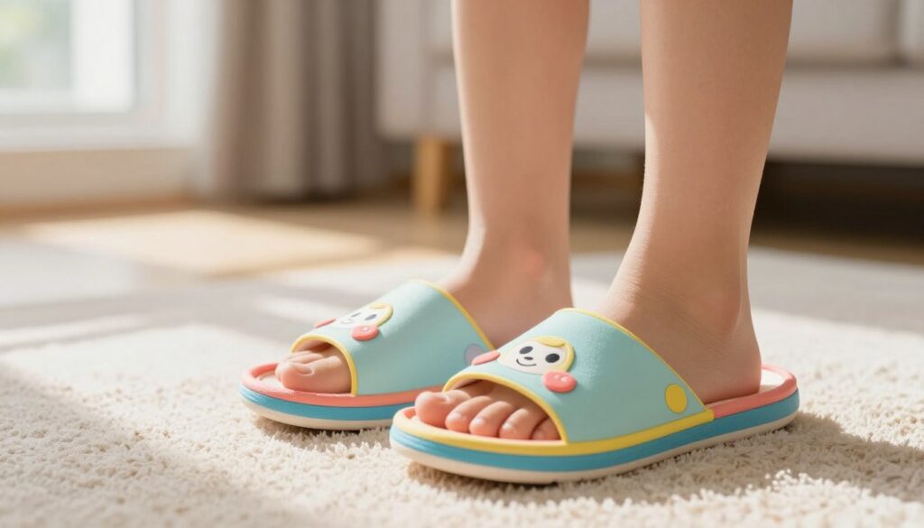 A close-up of children's feet in comfortable slippers designed for flat feet, emphasizing their arch support. The foreground features a pair of bright, colorful slippers with playful designs, showcasing their supportive structure. In the middle, a soft blanket provides a cozy setting, suggesting home comfort. In the background, a warm, inviting room with gentle natural light streaming through a window, casting soft shadows. The atmosphere feels nurturing and supportive, reflecting the importance of proper footwear for children's foot development. The focus is on the slippers and the healthy positioning of the feet, creating an educational yet heartwarming scene. A close-up of children's feet in comfortable slippers designed for flat feet, emphasizing their arch support. The foreground features a pair of bright, colorful slippers with playful designs, showcasing their supportive structure. In the middle, a soft blanket provides a cozy setting, suggesting home comfort. In the background, a warm, inviting room with gentle natural light streaming through a window, casting soft shadows. The atmosphere feels nurturing and supportive, reflecting the importance of proper footwear for children's foot development. The focus is on the slippers and the healthy positioning of the feet, creating an educational yet heartwarming scene.
