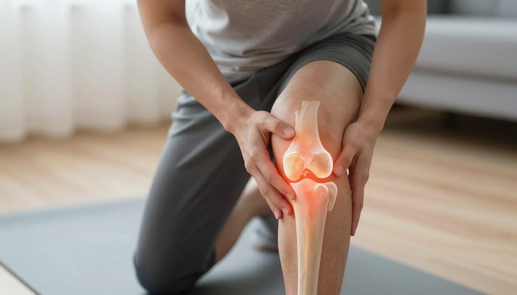A close-up view focused on a knee, illustrating the concept of pain during kneeling. The foreground captures a detailed, anatomical representation of the knee joint, highlighting areas of inflammation with subtle glowing effects. The middle ground features a person in modest, professional athletic attire, kneeling on a soft mat, conveying discomfort while examining their knee. The background is softly blurred, suggesting a home or physiotherapy setting with warm, inviting lighting to create a calm atmosphere. The angle is slightly tilted for a dynamic perspective, emphasizing both the knee's details and the kneeling posture. Overall, the mood is reflective and educational, ideal for an informative context.