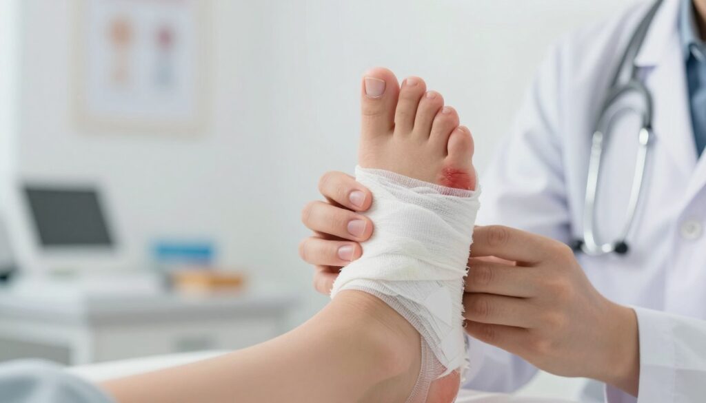 A close-up view of a child's foot with a visible fracture, highlighted for clarity. The foot is wrapped in a medical bandage, showing signs of injury, such as swelling and bruising. In the foreground, there is a soft focus on the foot, while the middle ground features a doctor's hand gently examining it. The background is a well-lit medical clinic, with subtle elements like medical charts and diagnostic tools slightly blurred, conveying a professional atmosphere. The lighting should be bright and warm, creating a sense of care and urgency. The mood reflects concern and compassion, indicative of a serious injury requiring attention. A close-up view of a child's foot with a visible fracture, highlighted for clarity. The foot is wrapped in a medical bandage, showing signs of injury, such as swelling and bruising. In the foreground, there is a soft focus on the foot, while the middle ground features a doctor's hand gently examining it. The background is a well-lit medical clinic, with subtle elements like medical charts and diagnostic tools slightly blurred, conveying a professional atmosphere. The lighting should be bright and warm, creating a sense of care and urgency. The mood reflects concern and compassion, indicative of a serious injury requiring attention.