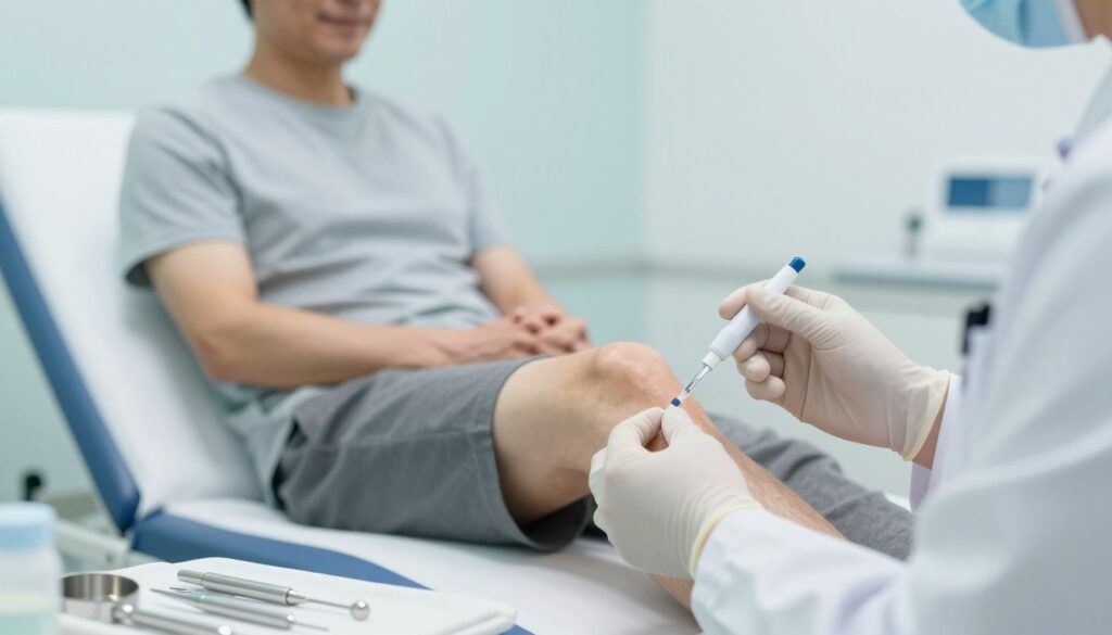 A close-up view of a doctor's hands performing a knee injection, focusing on a sterile environment with medical instruments arranged neatly in the foreground. In the middle ground, a patient, dressed in modest casual clothing, is seated on an examination table, looking relaxed but attentive, with a slight smile, conveying a sense of reassurance. The background features soft, diffused lighting that creates a calm, professional atmosphere, with soft blue and white colors typical of a medical office. The lens is set at a moderate aperture to keep both the doctor’s hands and the patient in focus, emphasizing the procedure while hinting at the medical context. The overall mood should inspire confidence and hope, reflecting modern alternatives to traditional knee surgery. A close-up view of a doctor's hands performing a knee injection, focusing on a sterile environment with medical instruments arranged neatly in the foreground. In the middle ground, a patient, dressed in modest casual clothing, is seated on an examination table, looking relaxed but attentive, with a slight smile, conveying a sense of reassurance. The background features soft, diffused lighting that creates a calm, professional atmosphere, with soft blue and white colors typical of a medical office. The lens is set at a moderate aperture to keep both the doctor’s hands and the patient in focus, emphasizing the procedure while hinting at the medical context. The overall mood should inspire confidence and hope, reflecting modern alternatives to traditional knee surgery.