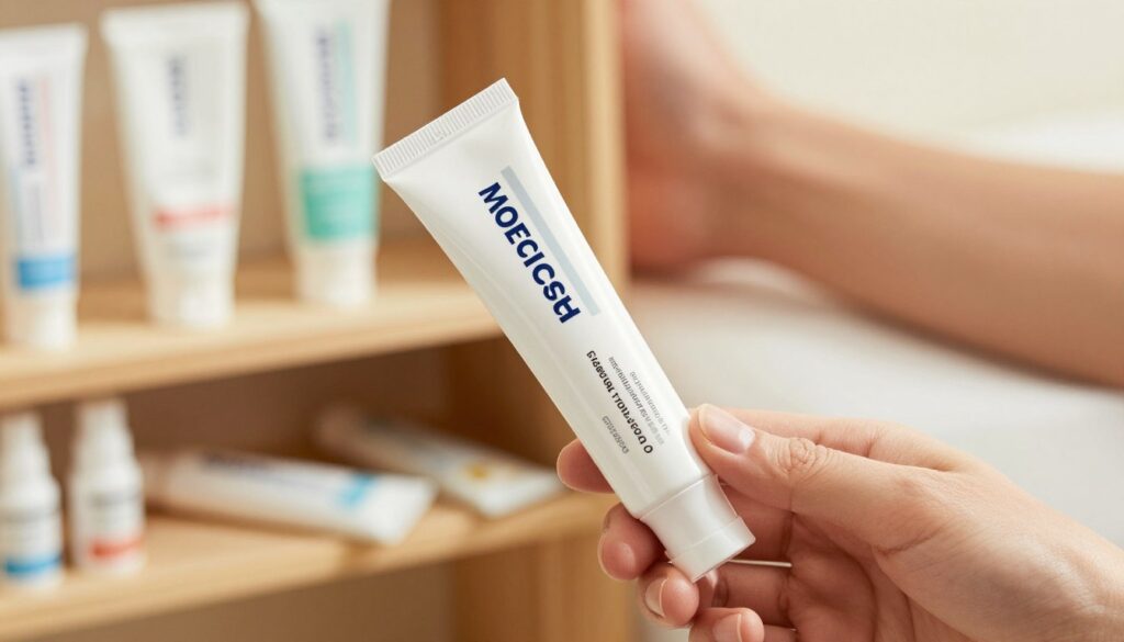 A close-up view of a hand holding a tube of muscle relief ointment, displaying the label prominently. In the background, a serene setting featuring a wooden shelf with various over-the-counter pain relief gels and creams, neatly arranged. A warm, soft lighting creates an inviting atmosphere, emphasizing the soothing qualities of the products. The scene conveys a sense of care and self-treatment, suitable for individuals managing muscle strain. A blurred image of a muscular leg in a gentle stretch position can be seen faintly in the background, illustrating the application of these remedies. The angle is slightly tilted for a dynamic perspective, enhancing the focus on the ointment tube while maintaining an organized and professional presentation.