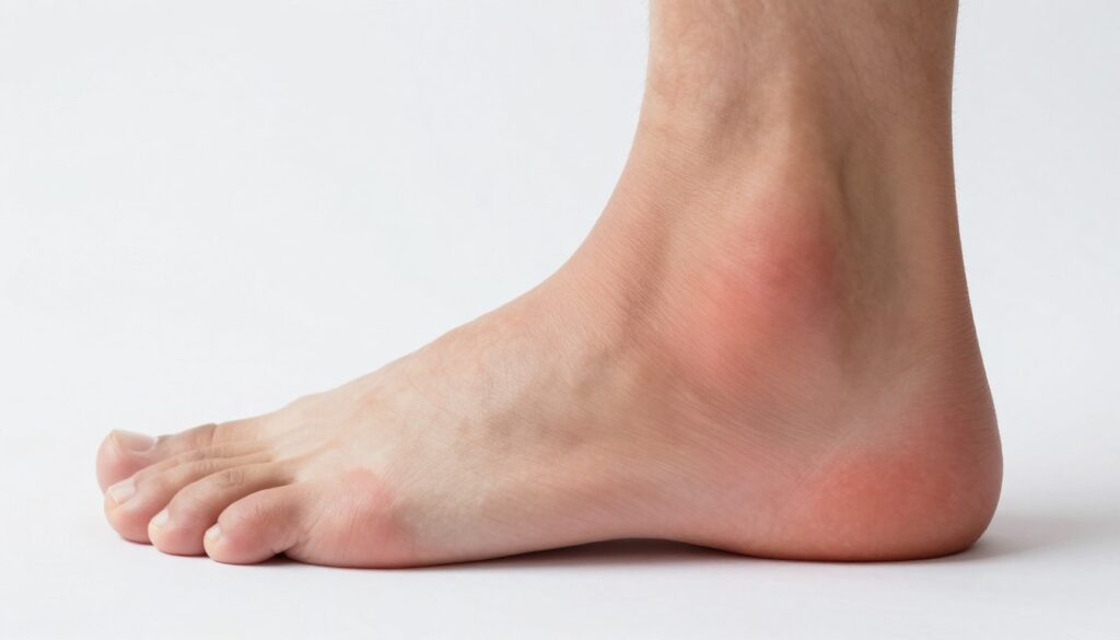 A close-up view of a human ankle and foot, showcasing the Achilles tendon and surrounding area. The image should highlight signs of discomfort and inflammation, such as redness and slight swelling. The foot can be depicted resting on a white background to emphasize the tendon, with soft, natural lighting that creates gentle shadows to convey depth. Include a side profile angle to capture the structure of the Achilles tendon clearly. The mood should be informative and serious, aimed at illustrating common symptoms of Achilles tendon pain. No people should be present in the image, and it should focus solely on the foot anatomy and its symptoms. A close-up view of a human ankle and foot, showcasing the Achilles tendon and surrounding area. The image should highlight signs of discomfort and inflammation, such as redness and slight swelling. The foot can be depicted resting on a white background to emphasize the tendon, with soft, natural lighting that creates gentle shadows to convey depth. Include a side profile angle to capture the structure of the Achilles tendon clearly. The mood should be informative and serious, aimed at illustrating common symptoms of Achilles tendon pain. No people should be present in the image, and it should focus solely on the foot anatomy and its symptoms.
