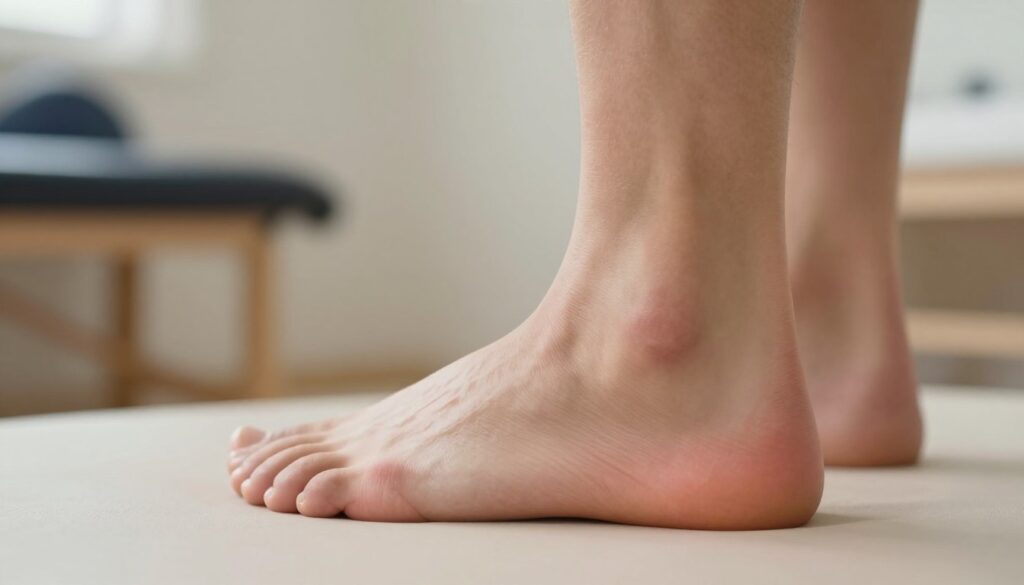A close-up view of a human foot displaying symptoms of an Achilles tendon strain, with the focus on the heel and the surrounding soft tissue swelling. The foot should be shown in a neutral position, resting on a soft, neutral-colored surface. In the background, softly blurred physical therapy equipment and a subtle, calming environment hint at rehabilitation and recovery. Use soft, diffused lighting to evoke a sense of warmth and care. The scene should have a clinical yet inviting atmosphere, highlighting the importance of recognizing the symptoms while avoiding any aggressive or alarming visuals. The composition should be structured to draw attention to the details of the foot and its condition, with a depth of field that enhances the focus. A close-up view of a human foot displaying symptoms of an Achilles tendon strain, with the focus on the heel and the surrounding soft tissue swelling. The foot should be shown in a neutral position, resting on a soft, neutral-colored surface. In the background, softly blurred physical therapy equipment and a subtle, calming environment hint at rehabilitation and recovery. Use soft, diffused lighting to evoke a sense of warmth and care. The scene should have a clinical yet inviting atmosphere, highlighting the importance of recognizing the symptoms while avoiding any aggressive or alarming visuals. The composition should be structured to draw attention to the details of the foot and its condition, with a depth of field that enhances the focus.
