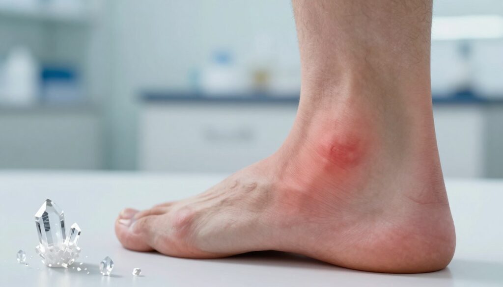 A close-up view of a human foot, focusing on the big toe and the surrounding joint, illustrating a state of inflammation and gout. The skin is slightly red and swollen, emphasizing the discomfort associated with gout attacks. In the foreground, there are visual representations of uric acid crystals, resembling sharp, crystalline structures, suggesting the causes of the condition. The background features a softly blurred clinical setting with cool, calming colors to contrast the distress of the gout attack. The lighting is bright but gentle, highlighting the details of the toe and joint. The overall atmosphere is clinical yet empathetic, aiming to convey awareness about gout and its symptoms.