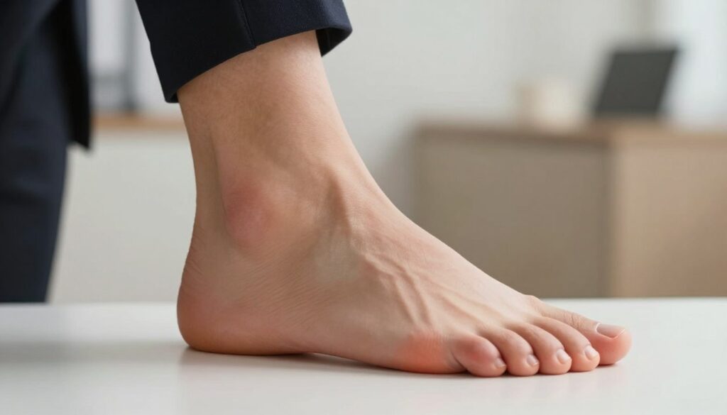 A close-up view of a human foot focusing on the metatarsal area, highlighting swelling and discomfort around the toes. The foot is positioned in a neutral pose with professional business attire visible, suggesting an office setting. The background is softly blurred, showcasing an elegant and minimalistic office space to convey a professional atmosphere. Warm, diffused lighting gently illuminates the foot, emphasizing the textures of the skin and any visible signs of strain or tension. The overall mood is informative and focused, aimed at illustrating a common foot issue while maintaining a respectful and clinical approach. No additional elements, text, or distractions in the image.