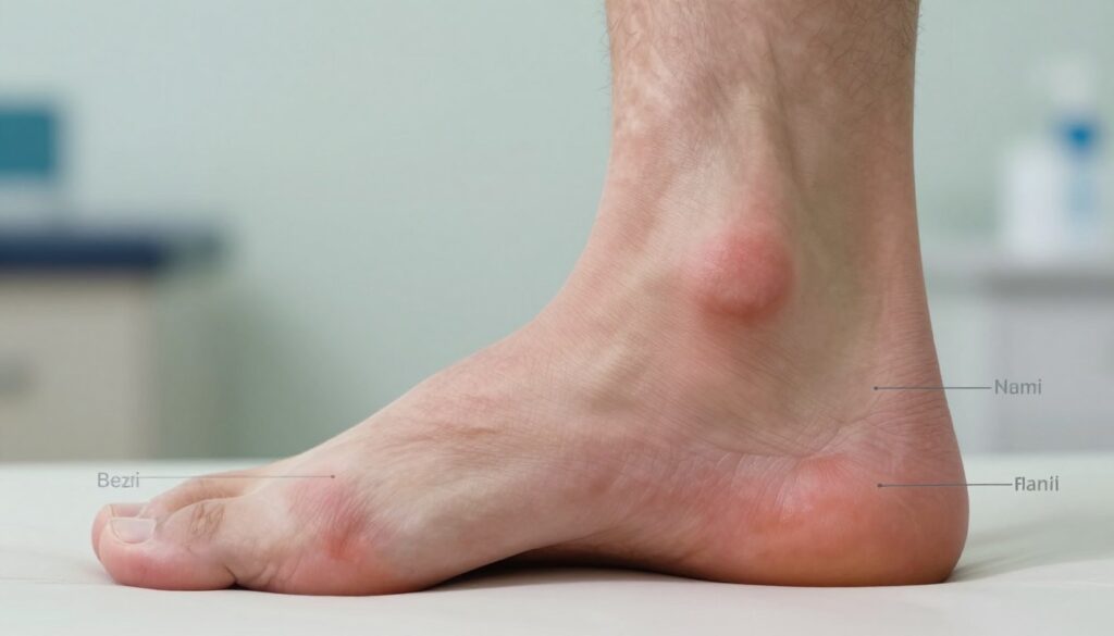 A close-up view of a human foot in a neutral position, emphasizing the plantar fascia area at the arch. The foot should be depicted with slight inflammation, showcasing redness and subtle swelling to illustrate the condition of "plantar fasciitis." In the foreground, a detailed focus on the foot’s anatomy with labels lightly indicated (not visible in generated image), highlighting the plantar fascia, heel, and arch. The background should be softly blurred to maintain focus on the foot while hinting at a clinical environment. Use soft, diffused lighting to create a calm and professional atmosphere, as if in a medical examination room. The angle should be slightly above eye level to capture the arch's curvature, illustrating both condition and detail.