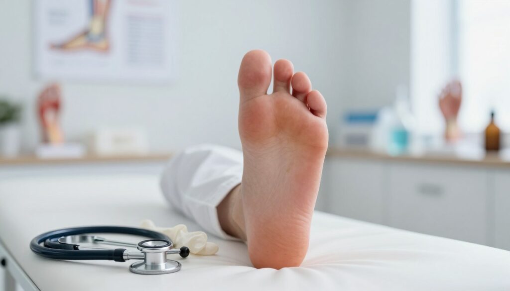 A close-up view of a human foot in a professional clinical setting, showcasing signs of systemic diseases that affect the foot, such as swelling and redness. In the foreground, the foot is placed on a clean white examination table, with a pair of medical gloves and a stethoscope alongside, suggesting a thorough examination. The middle ground features a soft-focus background of a modern doctor's office, with medical charts and anatomical foot models subtly visible. Soft, natural lighting illuminates the scene, creating a calm and informative atmosphere. Incorporate a shallow depth of field to focus on the foot while providing context from the surrounding environment, emphasizing the clinical nature of the diagnosis without any text or distractions. A close-up view of a human foot in a professional clinical setting, showcasing signs of systemic diseases that affect the foot, such as swelling and redness. In the foreground, the foot is placed on a clean white examination table, with a pair of medical gloves and a stethoscope alongside, suggesting a thorough examination. The middle ground features a soft-focus background of a modern doctor's office, with medical charts and anatomical foot models subtly visible. Soft, natural lighting illuminates the scene, creating a calm and informative atmosphere. Incorporate a shallow depth of field to focus on the foot while providing context from the surrounding environment, emphasizing the clinical nature of the diagnosis without any text or distractions.