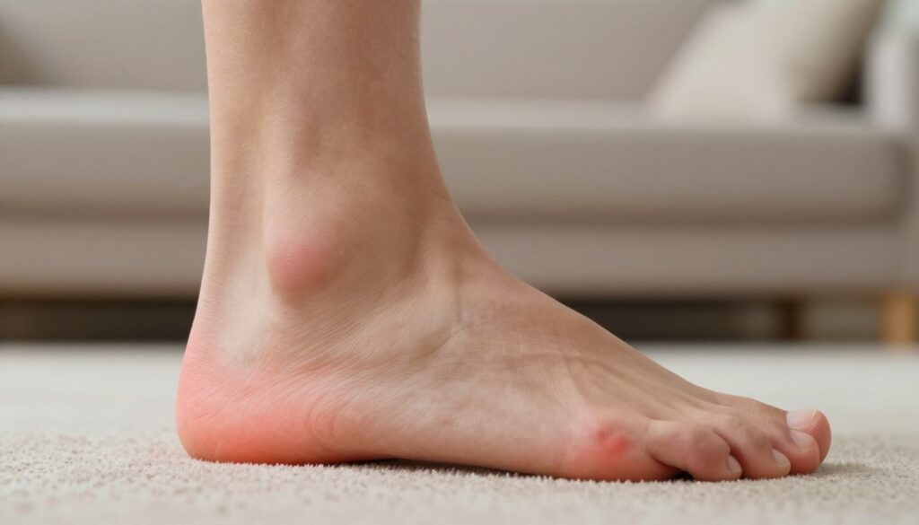 A close-up view of a human foot, showcasing different areas of pain: focus on the toes, midfoot, heel, arch, sole, and sides of the foot. The foot is placed on a soft, neutral-toned surface, emphasizing the contours and details of each area. Soft, natural lighting illuminates the foot, highlighting any discomfort with subtle red accents in the problematic areas, providing visual emphasis on the points of pain. The background is a blurred, calming scene of a home environment, suggesting a personal and comfortable space. The mood is informative yet empathetic, inviting viewers to understand the reasons behind foot pain and its specific locations. The image should not contain any captions or overlays. A close-up view of a human foot, showcasing different areas of pain: focus on the toes, midfoot, heel, arch, sole, and sides of the foot. The foot is placed on a soft, neutral-toned surface, emphasizing the contours and details of each area. Soft, natural lighting illuminates the foot, highlighting any discomfort with subtle red accents in the problematic areas, providing visual emphasis on the points of pain. The background is a blurred, calming scene of a home environment, suggesting a personal and comfortable space. The mood is informative yet empathetic, inviting viewers to understand the reasons behind foot pain and its specific locations. The image should not contain any captions or overlays.