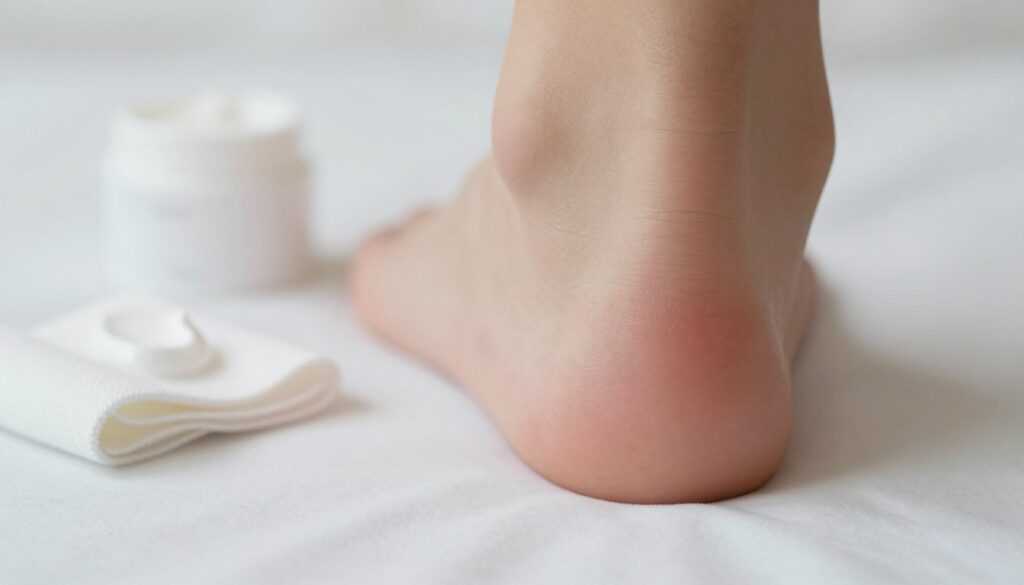 A close-up view of a human foot showing a painful callus, surrounded by medical items such as a soft bandage and soothing cream. The foot is positioned on a soft white background, allowing the details of the skin condition to be the focal point. In the foreground, the callus is depicted in sharp focus, highlighting its texture and color variations, while the bandage and cream are slightly blurred to create depth. Soft, diffused lighting enhances the scene, creating a calm and soothing atmosphere. The image conveys a sense of care and attention to foot health, suitable for an informative section on differentiating between calluses, corns, and other foot conditions. A close-up view of a human foot showing a painful callus, surrounded by medical items such as a soft bandage and soothing cream. The foot is positioned on a soft white background, allowing the details of the skin condition to be the focal point. In the foreground, the callus is depicted in sharp focus, highlighting its texture and color variations, while the bandage and cream are slightly blurred to create depth. Soft, diffused lighting enhances the scene, creating a calm and soothing atmosphere. The image conveys a sense of care and attention to foot health, suitable for an informative section on differentiating between calluses, corns, and other foot conditions.