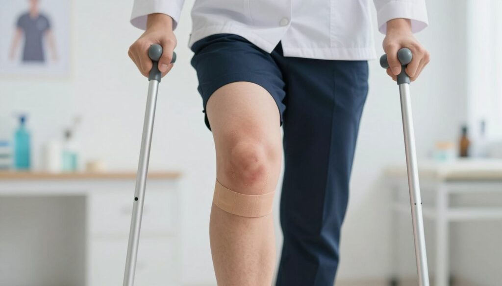 A close-up view of a human knee joint, freshly treated with a knee injection. The knee is centered in the foreground, showing slight swelling and a bandage, symbolizing recent medical intervention. In the middle ground, a person in professional attire is depicted carefully standing on one leg with crutches, demonstrating safe mobility post-injection. The background features a soft-focus clinical environment, perhaps a doctor's office with medical posters and instruments subtly blurred. The lighting is bright yet soft, creating a calm and reassuring atmosphere. The image conveys a sense of care, guidance, and recovery, emphasizing safety in movement after a knee injection.