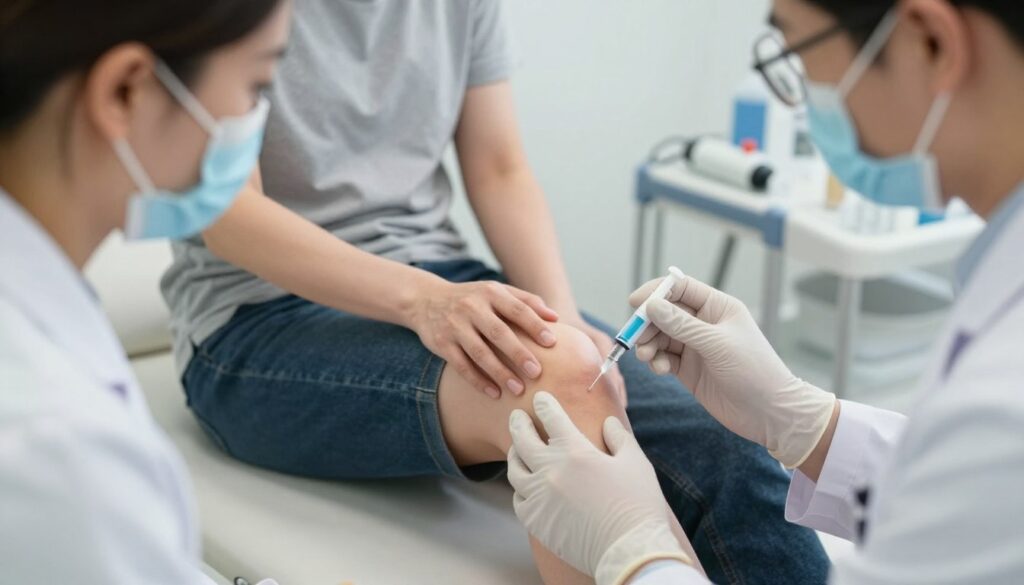 A close-up view of a medical professional administering a knee injection, focusing on the precise moment of the needle approaching the knee joint. In the foreground, show the professional in a white coat, wearing gloves and a face mask, with a calm expression, emphasizing the clinical setting. The middle ground features a patient sitting in a medical examination room, dressed in modest casual clothing, with the knee exposed. The background has medical equipment and a sterile ambiance, with soft, natural lighting illuminating the scene, highlighting the professionalism and care involved in the procedure. The atmosphere conveys a sense of safety and reassurance for the viewer.