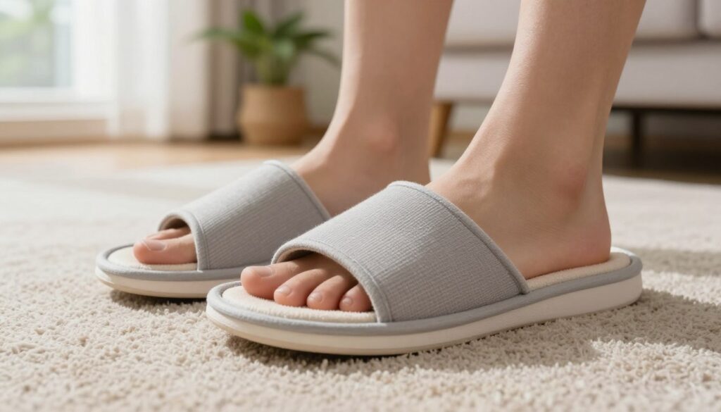 A close-up view of a pair of comfortable slippers designed for individuals with flat feet, placed on a soft, textured carpet. The slippers are crafted with arch support and cushioning, showcasing their ergonomic features like a contoured footbed and breathable material. In the background, a serene living room setting can be seen, with natural light streaming through a window, illuminating the slippers and casting gentle shadows. A subtle green indoor plant adds a touch of freshness, creating a soothing atmosphere. The image conveys a sense of comfort and care for foot health, inviting the viewer to consider the importance of proper footwear at home. The angle should focus on the slippers from a low perspective, emphasizing their supportive design against the inviting backdrop. A close-up view of a pair of comfortable slippers designed for individuals with flat feet, placed on a soft, textured carpet. The slippers are crafted with arch support and cushioning, showcasing their ergonomic features like a contoured footbed and breathable material. In the background, a serene living room setting can be seen, with natural light streaming through a window, illuminating the slippers and casting gentle shadows. A subtle green indoor plant adds a touch of freshness, creating a soothing atmosphere. The image conveys a sense of comfort and care for foot health, inviting the viewer to consider the importance of proper footwear at home. The angle should focus on the slippers from a low perspective, emphasizing their supportive design against the inviting backdrop.