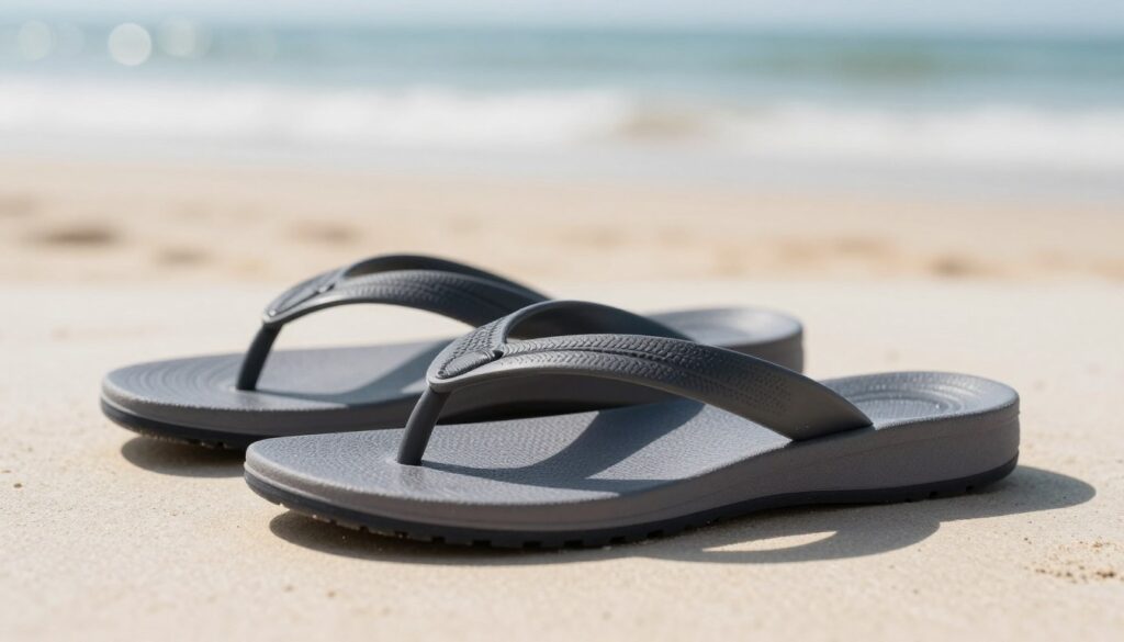A close-up view of a pair of stylish flip-flops designed for flatfoot support, showcasing their innovative sole and heel design. The foreground features the flip-flops on a smooth, textured surface, highlighting the anti-slip material and low wedge heel. In the middle ground, a gentle light casts soft shadows, emphasizing the contour and ergonomic aspects of the footwear. The background softly blurs, featuring a calming beach scene with blurred sand and waves, reflecting relaxation and comfort. The image is bright and airy, capturing a professional yet inviting mood, ideal for illustrating the importance of sole and heel features in footwear designed for foot support.