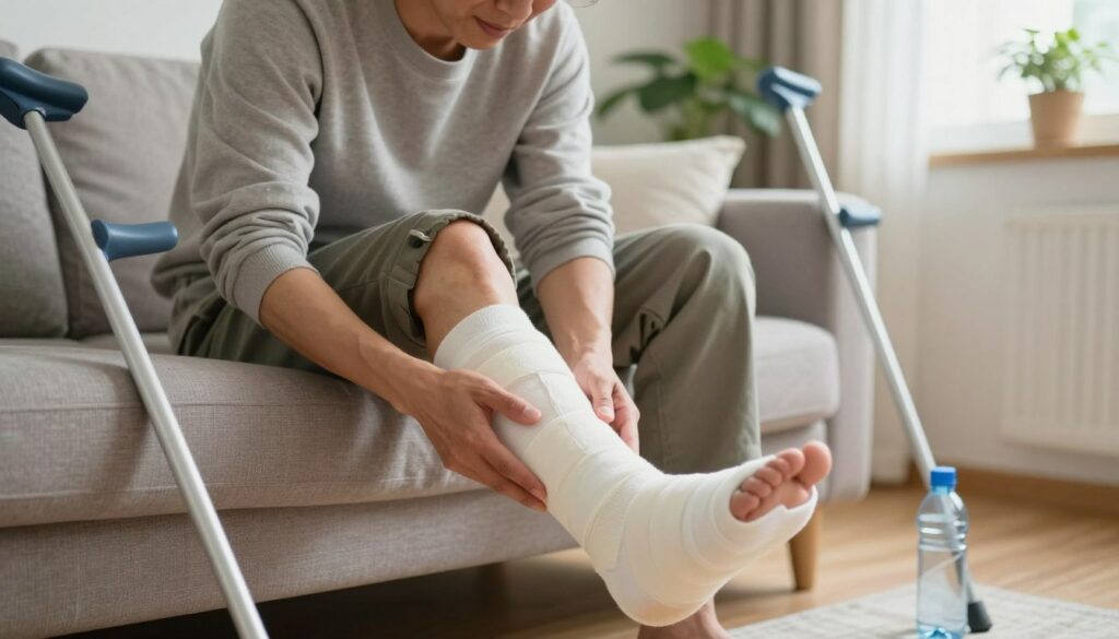 A close-up view of a patient sitting on a couch in a modest, well-lit living room, showcasing the aftermath of an Achilles tendon surgery. The patient, dressed in comfortable, casual clothing, has a visible cast on their leg, indicating recent surgery. Their expression conveys a mix of discomfort and determination as they gently touch their bandaged foot. Surrounding them are supportive elements like crutches leaning against the couch and a water bottle nearby. Soft, natural light filters in through a window, creating a warm ambiance. The overall mood evokes a sense of recovery and resilience in the first days at home. The background features houseplants and a cozy atmosphere, emphasizing the personal nature of rehabilitation.