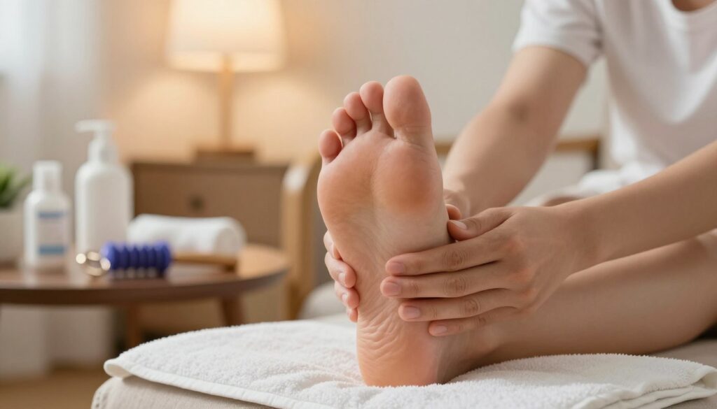 A close-up view of a person sitting on a comfortable chair, gently massaging the arch of their foot with one hand, exhibiting a focused expression of relief. The foreground features a well-lit foot, highlighting the contours of the arch and the smooth skin, while a soft towel is placed underneath. In the middle ground, a small table with various foot care products such as lotion and a roller massager adds context to the scene. The background is softly blurred with warm lighting from a nearby lamp to create a cozy atmosphere. The overall mood is one of comfort and self-care, emphasizing immediate relief from foot arch pain.