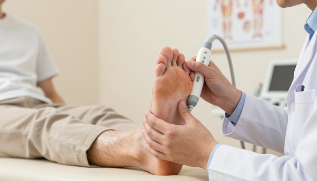 A close-up view of a physician examining the foot of a patient, focusing on the Achilles tendon and surrounding tissues. The physician, dressed in a professional white coat, is using a diagnostic ultrasound device to assess the soft tissue. The patient, wearing modest casual clothing, appears relaxed yet attentive. The background features a well-lit clinic environment with medical charts and anatomical diagrams on the walls, creating a clinical but supportive atmosphere. Soft, warm lighting enhances the scene, emphasizing the intricate details of the foot anatomy. The image conveys a sense of professionalism and care, suitable for illustrating the diagnostics of tendon pain.