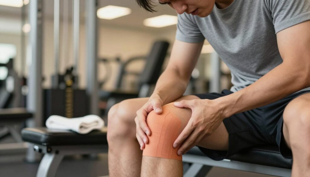 A close-up view of a semi-professional athlete experiencing muscle tightness in the thigh, demonstrating signs of a hamstring injury. The athlete, dressed in modest athletic wear, is sitting on a gym bench with a pained expression, touching the back of their thigh. The middle ground contains fitness equipment and a towel, suggesting a training scenario. In the background, soft gym lighting creates a warm atmosphere, highlighting the urgency of proper taping and recovery techniques. Use a shallow depth of field to focus on the athlete's expression and their thigh while softly blurring the surrounding gym environment. The overall mood should convey a serious yet hopeful tone, emphasizing awareness and the importance of injury management in sports.