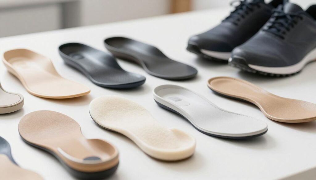 A close-up view of an array of high-quality orthotic insoles displayed on a clean, white surface. The foreground features different types of insoles, showcasing various shapes, thicknesses, and arch support designs. Some insoles are made of soft foam, while others are crafted from rigid materials, illustrating their diversity. In the middle ground, a pair of supportive shoes is positioned beside the insoles, emphasizing their compatibility. The background is softly blurred to focus on the insoles and shoes, creating a professional and informative atmosphere. The lighting is bright yet soft, highlighting the textures and details of the materials used. Capture a sense of practicality and comfort, suitable for adults seeking relief for flat feet.