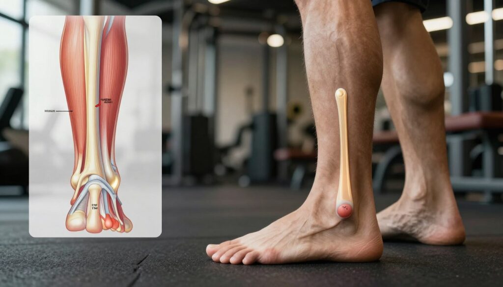 A close-up view of the Achilles tendon in a human foot during a fitness training session, focusing on the anatomical details of the tendon as the subject. In the foreground, a person wearing modest athletic wear is shown performing calf raises to illustrate the importance of tendon strength. The middle section features detailed anatomical illustrations highlighting the Achilles tendon’s location and function, with light highlighting the tendon’s structure. In the background, a gym environment is visible with soft ambient lighting, creating a focused, motivational atmosphere for training. The composition emphasizes health and injury prevention, capturing the essence of protecting the Achilles tendon during daily activities. A close-up view of the Achilles tendon in a human foot during a fitness training session, focusing on the anatomical details of the tendon as the subject. In the foreground, a person wearing modest athletic wear is shown performing calf raises to illustrate the importance of tendon strength. The middle section features detailed anatomical illustrations highlighting the Achilles tendon’s location and function, with light highlighting the tendon’s structure. In the background, a gym environment is visible with soft ambient lighting, creating a focused, motivational atmosphere for training. The composition emphasizes health and injury prevention, capturing the essence of protecting the Achilles tendon during daily activities.