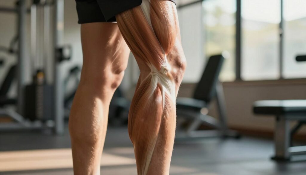 A close-up view of the back of a human leg, focusing on the hamstring muscle group. The leg is positioned in a slightly elevated stance to highlight the muscle's contours and structure, showcasing defined muscle fibers and natural skin tones. The background features a softly blurred gym setting with exercise equipment to convey a supportive atmosphere for rehabilitation. The lighting is warm and natural, simulating sunlight filtering through a window, illuminating the leg and casting gentle shadows to enhance the 3D effect. The overall mood is calm and professional, emphasizing the importance of muscle care and recovery. No text or markings are present in the image.