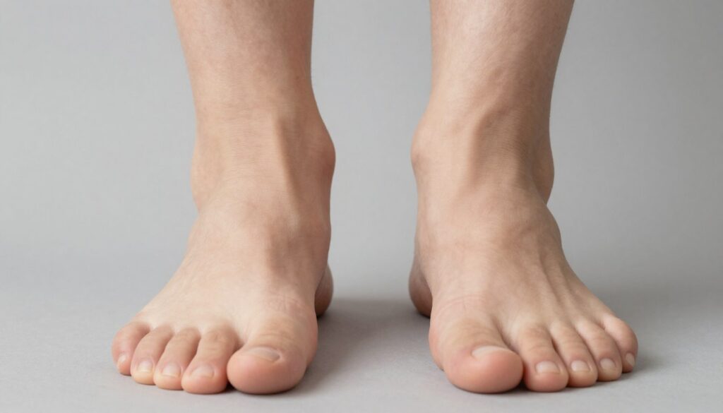 A close-up view of the soles of a pair of feet on a neutral background, showcasing distinct arch shapes to illustrate flatfoot condition (płaskostopie podłużne). One foot displays a normal arch, while the other shows a flattened arch to highlight the difference. The lighting is soft and even, illuminating the details of the skin texture and contour of the feet. The angle is slightly above the feet, focusing on the arches, with shadows gently accentuating the curves. The mood is clinical yet informative, aiming to provide a clear visual representation for educational purposes. No additional elements or distractions are included in the composition.