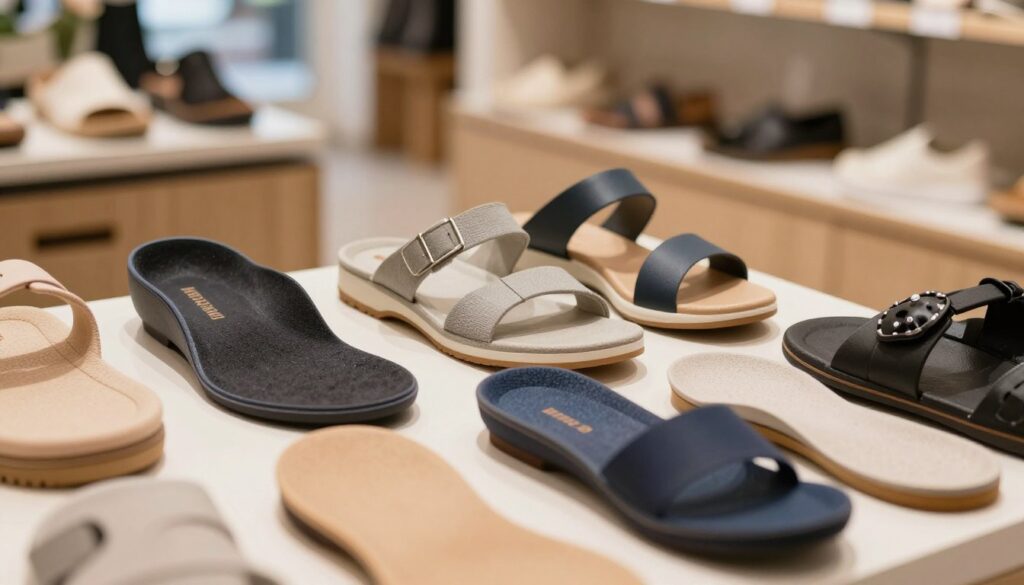 A collection of various shoe insoles displayed artfully in the foreground, showcasing their distinct designs and materials—some are firm and supportive, while others are flexible and interchangeable. In the middle ground, a pair of stylish sandals with visible insoles peeking out, emphasizing comfort and customizability. The background is softly blurred, featuring a cozy, well-lit shoe store environment. Warm, natural lighting highlights the textures of the insoles and sandals, creating an inviting atmosphere. The image captures the essence of foot health and style, providing a professional yet approachable vibe, suitable for a wellness-focused article. The perspective is slightly elevated, giving a comprehensive view of the footwear arrangement without any text or distractions. A collection of various shoe insoles displayed artfully in the foreground, showcasing their distinct designs and materials—some are firm and supportive, while others are flexible and interchangeable. In the middle ground, a pair of stylish sandals with visible insoles peeking out, emphasizing comfort and customizability. The background is softly blurred, featuring a cozy, well-lit shoe store environment. Warm, natural lighting highlights the textures of the insoles and sandals, creating an inviting atmosphere. The image captures the essence of foot health and style, providing a professional yet approachable vibe, suitable for a wellness-focused article. The perspective is slightly elevated, giving a comprehensive view of the footwear arrangement without any text or distractions.