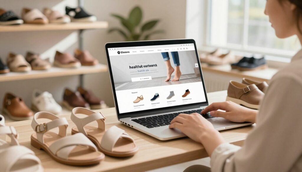 A cozy online shoe store showcasing a variety of health-focused footwear, specifically designed for flat feet. In the foreground, neatly arranged pairs of supportive sandals and shoes in soft, inviting colors. The middle features a stylish, modern website interface displayed on a laptop, highlighting the easy navigation and secure payment options. In the background, a warm and inviting atmosphere, with soft natural lighting filtering through a window, casting gentle shadows. A professional individual, dressed in smart casual attire, interacts with the laptop, exuding a sense of security and ease while shopping online. The mood is relaxed and informative, emphasizing comfort and safety in online shopping for footwear tailored to foot health. A cozy online shoe store showcasing a variety of health-focused footwear, specifically designed for flat feet. In the foreground, neatly arranged pairs of supportive sandals and shoes in soft, inviting colors. The middle features a stylish, modern website interface displayed on a laptop, highlighting the easy navigation and secure payment options. In the background, a warm and inviting atmosphere, with soft natural lighting filtering through a window, casting gentle shadows. A professional individual, dressed in smart casual attire, interacts with the laptop, exuding a sense of security and ease while shopping online. The mood is relaxed and informative, emphasizing comfort and safety in online shopping for footwear tailored to foot health.