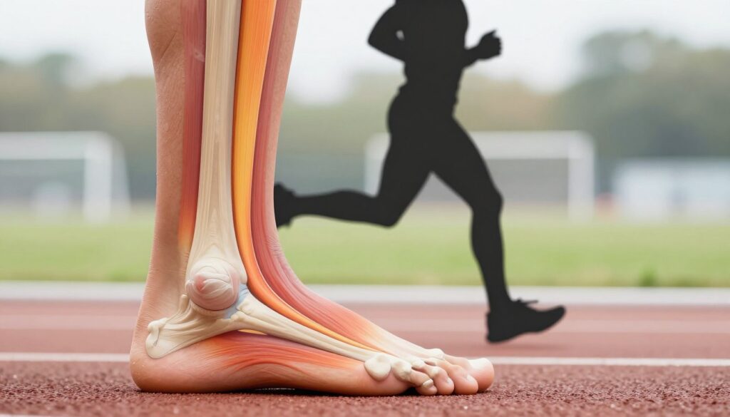 A detailed anatomical illustration focusing on the Achilles tendon, emphasizing areas of thickening due to overuse injuries. In the foreground, a stylized, highlighted representation of the Achilles tendon is shown, with color gradients indicating stress points. The middle ground features a silhouette of a runner in motion, demonstrating improper running form, which contributes to potential injuries. The background includes a blurred athletic field with soft lighting that evokes a clinical atmosphere, suggesting a sports medicine context. The image is illuminated evenly to highlight anatomical details, using a shallow depth of field to keep the focus on the Achilles tendon. The overall mood is informative and professional, suitable for a medical article.