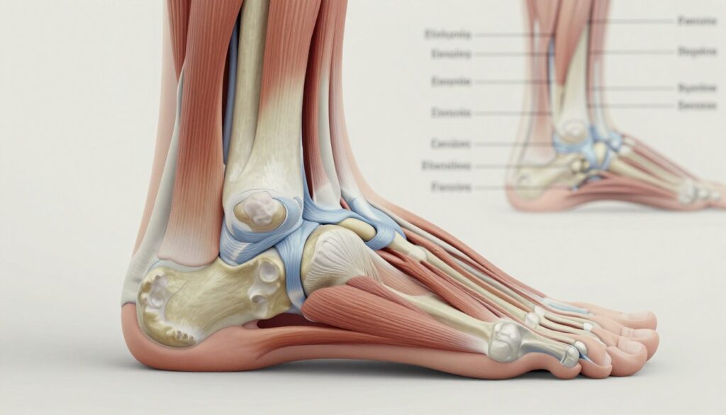 A detailed anatomical illustration focusing on the Achilles tendon, showcasing its structure and surroundings. The foreground features a close-up of the Achilles tendon, emphasizing its fibrous texture and connections to the calf muscles. The middle ground depicts a human foot and ankle in a neutral position, illustrating where the tendon interfaces with the heel bone. In the background, a subtle anatomical diagram provides context, with faint labels for related muscles and ligaments. Utilize soft, even lighting to highlight the details and textures, captured from a slightly elevated angle to create depth. The atmosphere should be clinical yet educational, suitable for a medical article discussing complications following Achilles tendon surgery. The overall composition should evoke a sense of professionalism and clarity, devoid of any distractions.