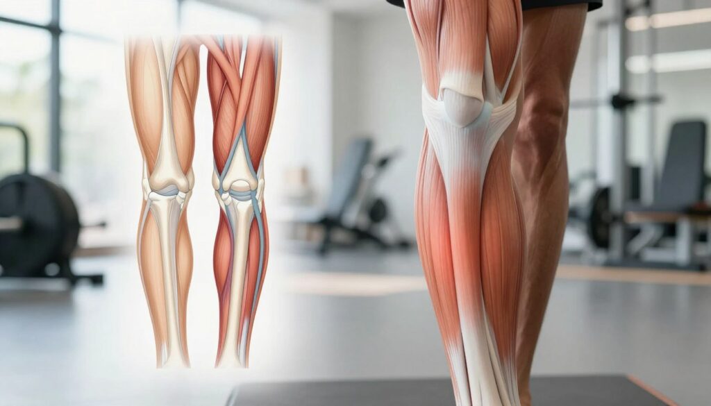 A detailed anatomical illustration focusing on the symptoms of leg tendon injury, specifically highlighting the hamstring area. In the foreground, depict a close-up of a human leg, showing muscles and tendons with emphasis on swelling and tenderness, represented in a subtle, clinical manner. The middle ground should feature a diagram of the hamstring tendons, illustrated with color-coded sections to indicate normal and injured states. In the background, there should be a blurred gym setting, conveying a sense of physical activity. Use natural lighting to replicate a bright, informative atmosphere. The overall mood should be educational and professional, ideal for a medical article, without any human subjects present.
