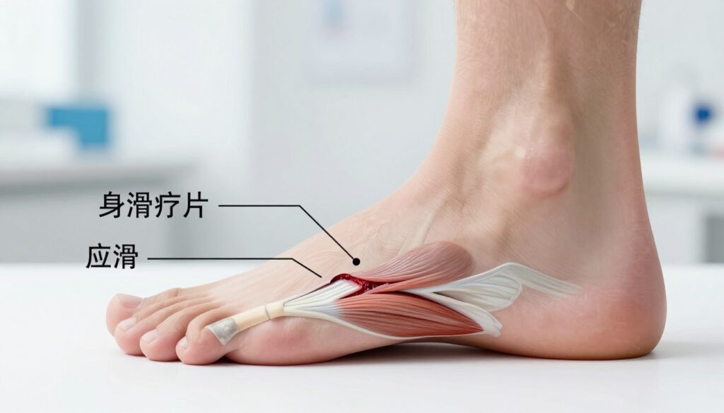 A detailed anatomical illustration of a ruptured Achilles tendon in a foot, emphasizing the damaged area with clear labels. The foreground features a close-up of the Achilles tendon, showcasing the tear and surrounding muscles with intricate details and textures. The middle layer presents a human foot in a neutral position, clad in a simple athletic shoe, to provide context. The background is softly blurred to keep the focus on the anatomical features while providing a clinical, professional atmosphere. The lighting is bright and even, mimicking a medical setting, with a mild shadow to create depth. The image conveys a sense of urgency and professionalism, aiming to inform readers about symptoms and differentiation from strain.