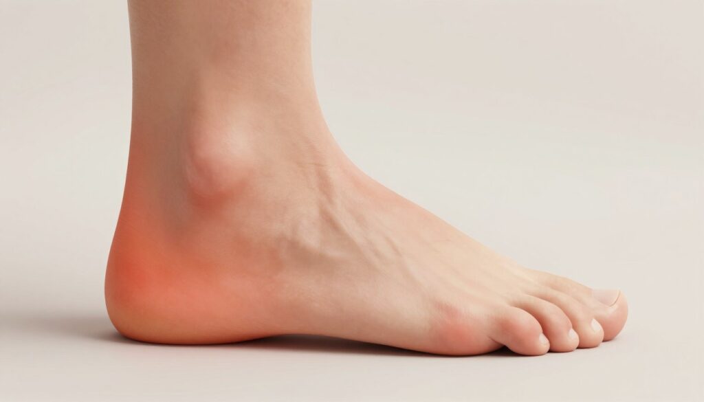 A detailed anatomical illustration of a side view of a human foot, focusing specifically on the outer edge, highlighting areas of discomfort and pain. The foot is depicted in a slightly elevated position, showcasing the lateral aspect with clear markings indicating pain points, using a gradient color scheme to represent varying levels of discomfort from mild to severe. The background should be a soft, neutral tone to enhance clarity and contrast. The lighting is soft and diffused, creating a serene and informative atmosphere. The illustration should be created in a high-resolution style, capturing fine details and textures of the skin and bones, aiming for a professional and educational look without any text or distractions.