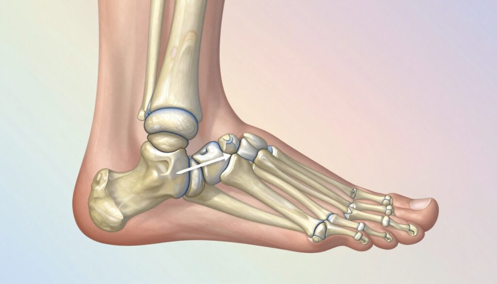A detailed anatomical illustration of an extra bone in the foot, specifically the "additional navicular bone," positioned prominently in the foreground. The bone should be shown in a realistic and accurate anatomical style, highlighting its location and structure. In the middle ground, include a partially transparent image of a foot in a neutral position, focusing on the medial side where the navicular bone is located, showcasing potential conflict with an ill-fitting shoe. The background should be a simple, gradient wash of soft colors to maintain focus on the anatomical details. The lighting should be soft and evenly distributed to accentuate the bone's contours without harsh shadows, evoking a clinical and educational atmosphere. A detailed anatomical illustration of an extra bone in the foot, specifically the "additional navicular bone," positioned prominently in the foreground. The bone should be shown in a realistic and accurate anatomical style, highlighting its location and structure. In the middle ground, include a partially transparent image of a foot in a neutral position, focusing on the medial side where the navicular bone is located, showcasing potential conflict with an ill-fitting shoe. The background should be a simple, gradient wash of soft colors to maintain focus on the anatomical details. The lighting should be soft and evenly distributed to accentuate the bone's contours without harsh shadows, evoking a clinical and educational atmosphere.